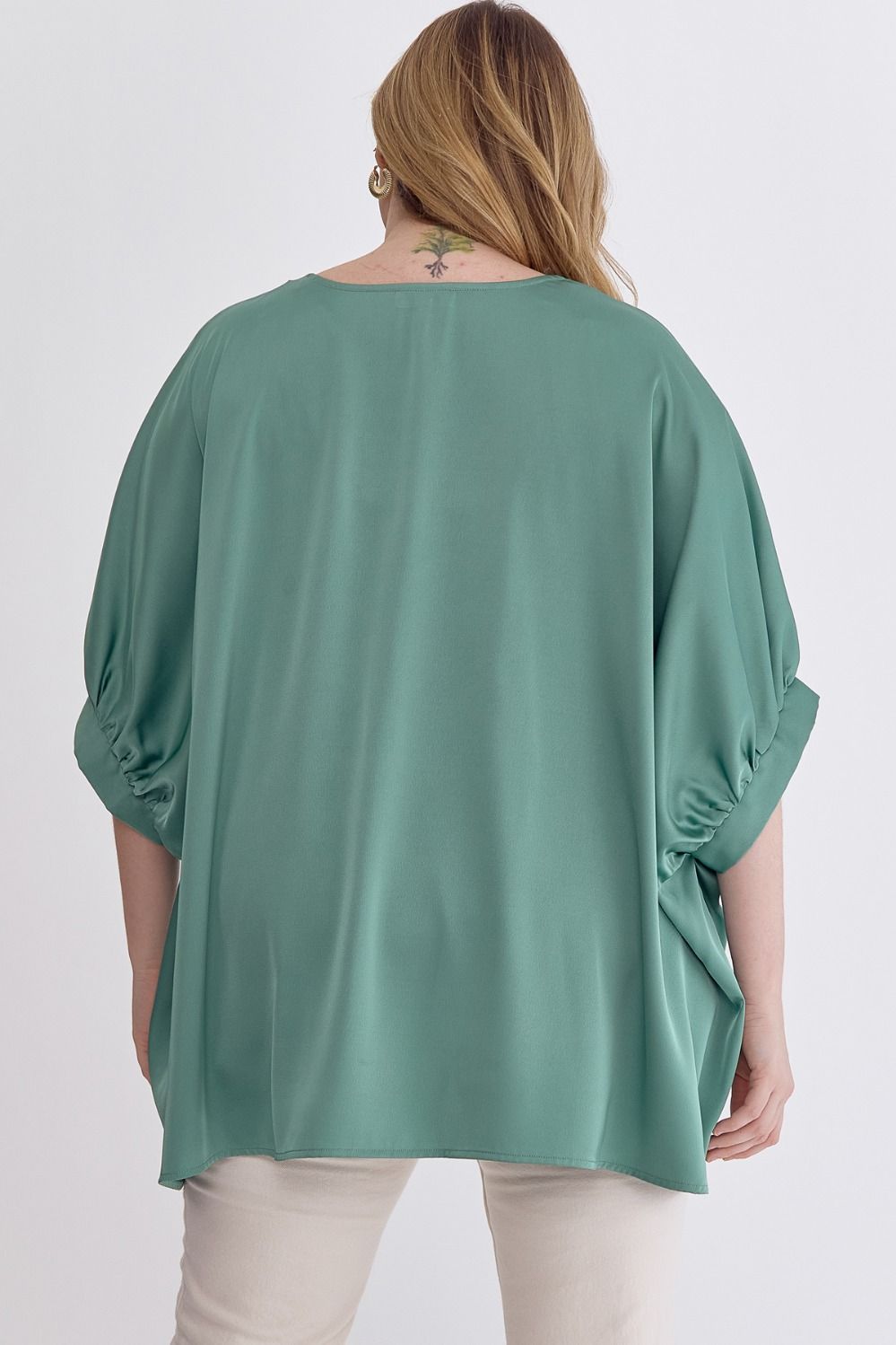 Dark Sage Satin V-Neck Plus Top