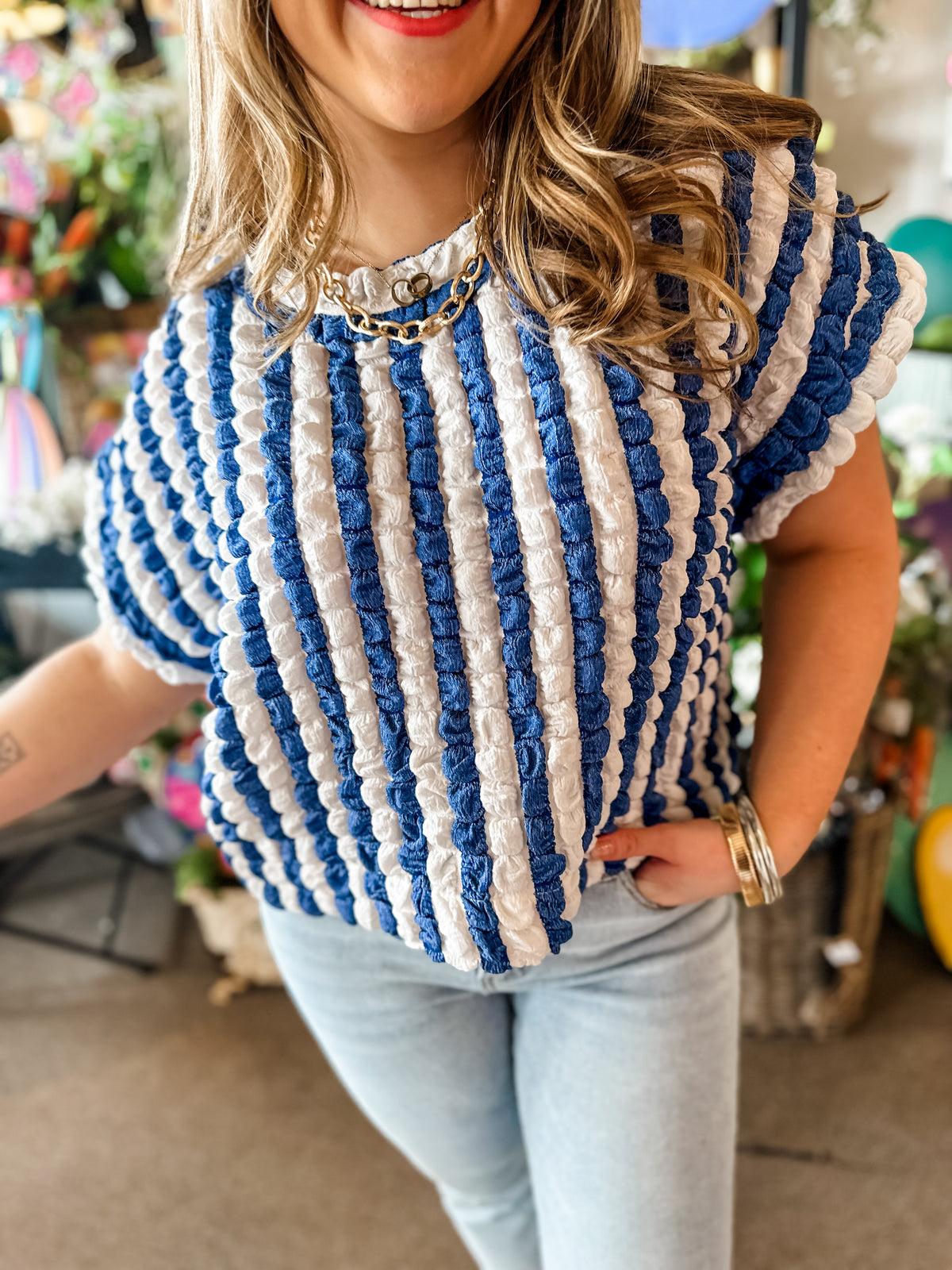 Denim and White Bubble Top