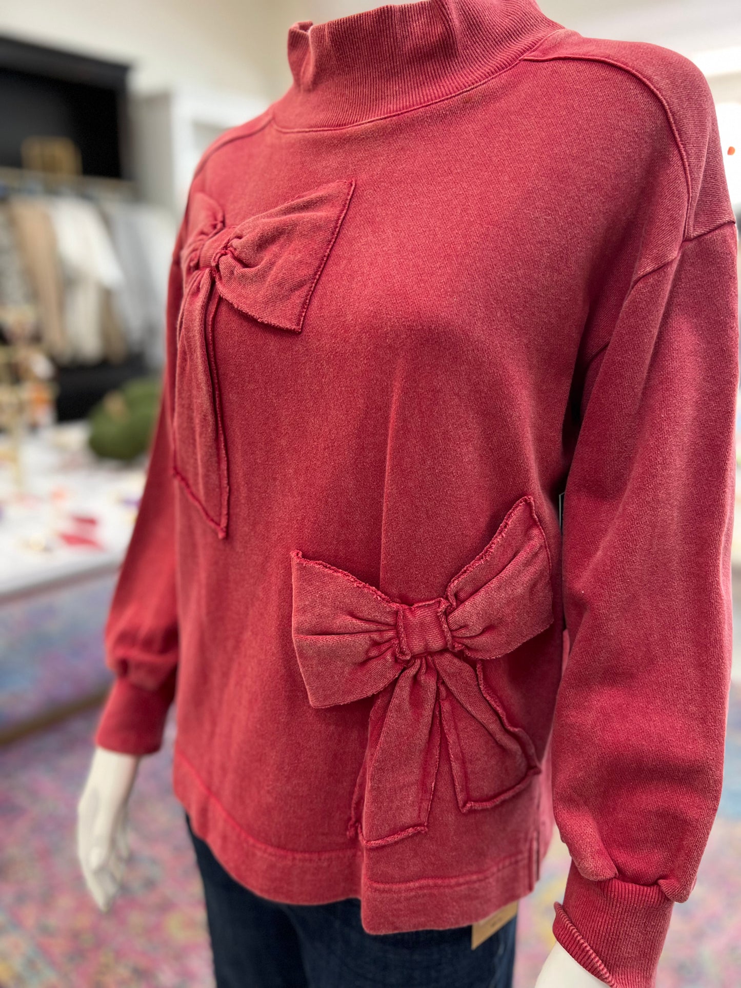 Red Bow Mock Neck Knit Top