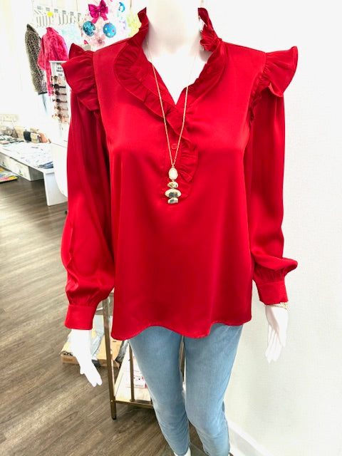 Red Satin Flutter Sleeve Top