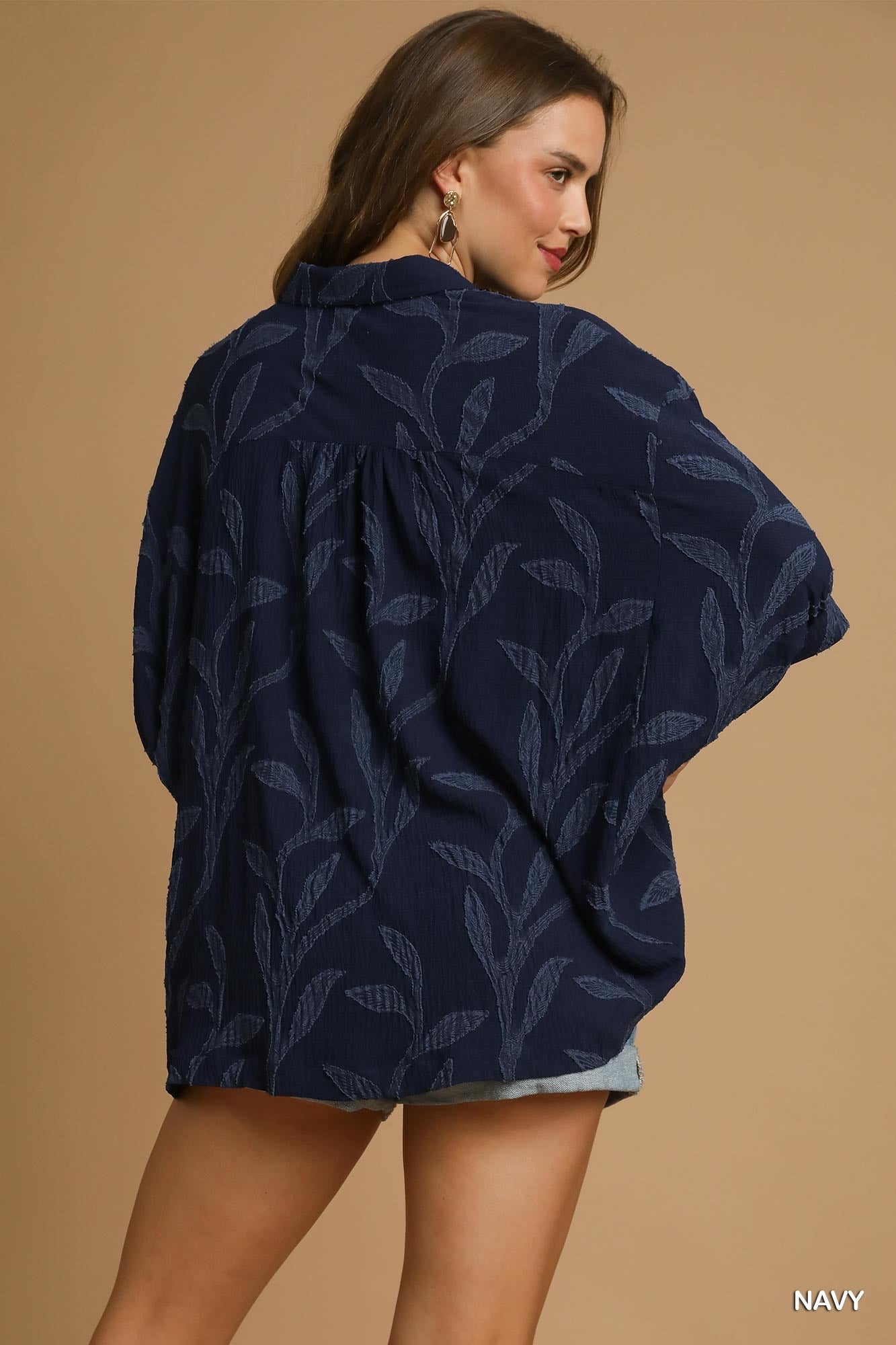 Navy Jacquard Textured Leaf Button-Down Blouse