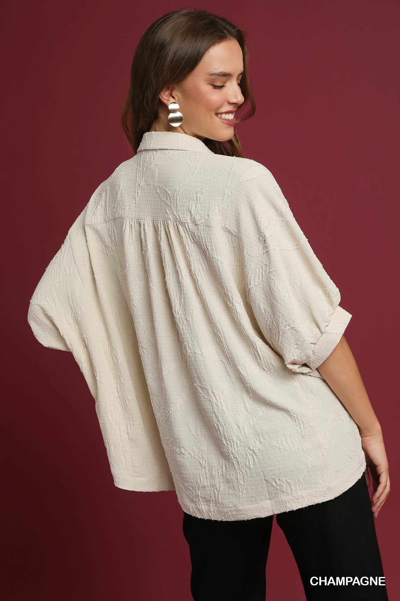 Champagne Jacquard Textured Leaf Button-Down Blouse