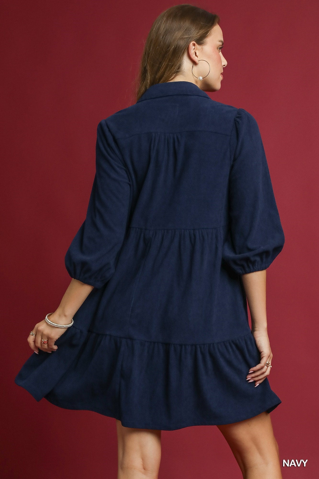 Navy Tiered Corduroy Mini Dress with Balloon Sleeves