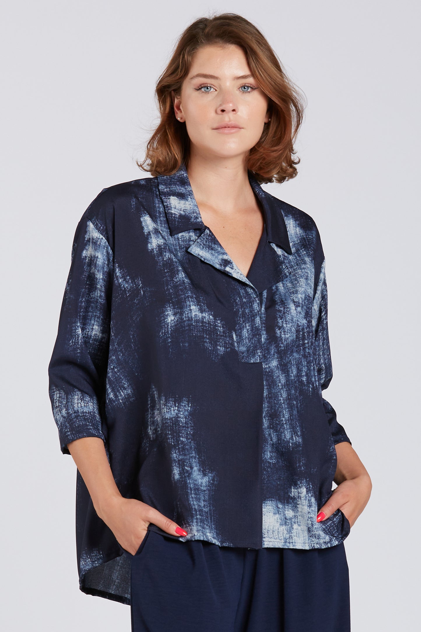 Navy Waterfall Split Neck Tunic