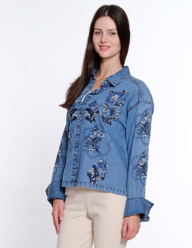 Chambray Button Front Lyocell Embroidered Jacket