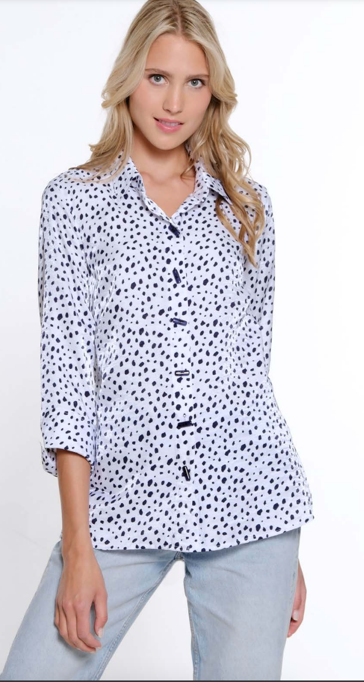 Navy Dot Roll Tab Sleeve Blouse