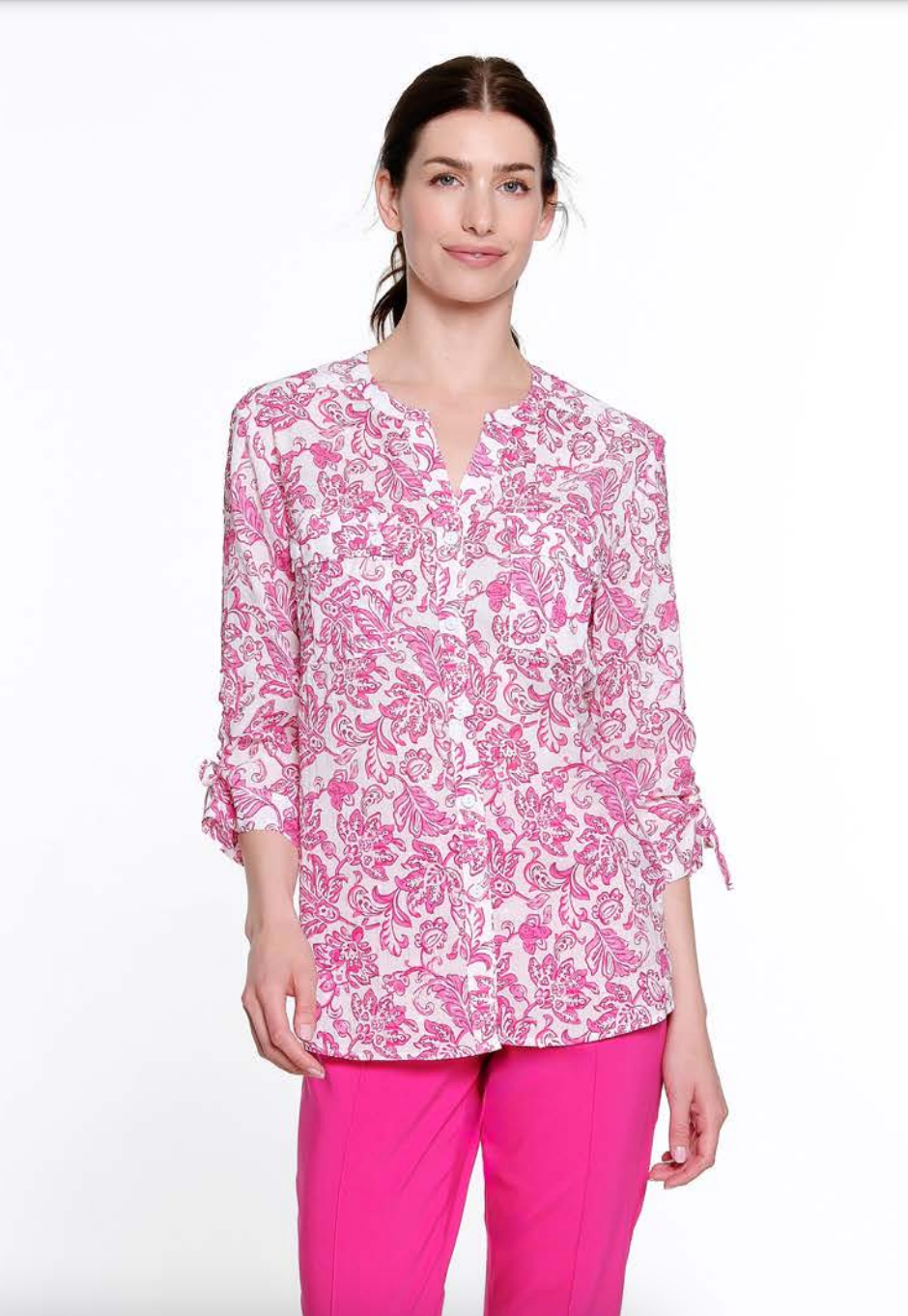 White and Pink Floral Button Up Blouse