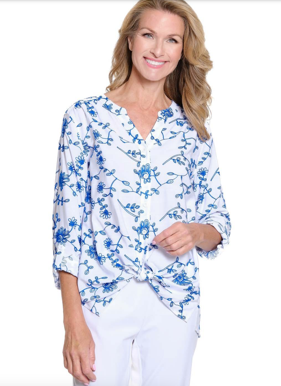 Blue Floral Embroidered Roll Tab Blouse