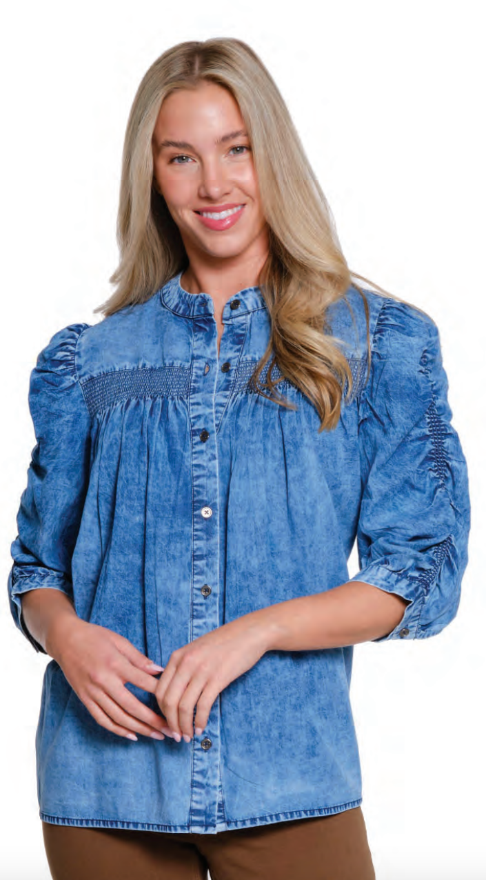 Chambray 3/4 Sleeve Button Up Smocking Blouse