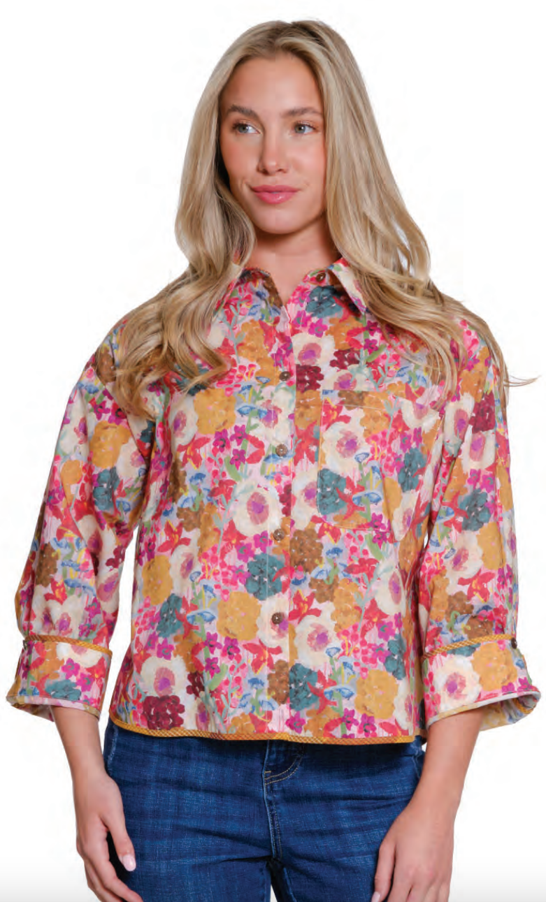 Floral Multi Boxy Print Button Up Blouse