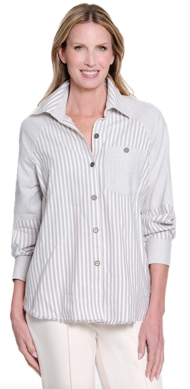 Granite Cuffed Raglan Long Sleeve Button Up Top