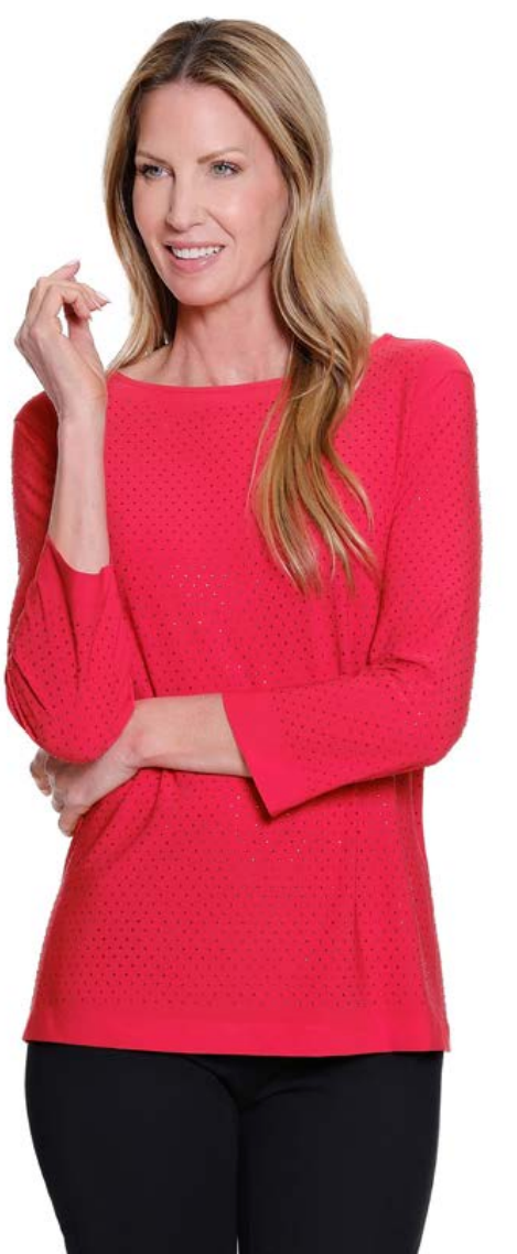 Red 3/4 Length High Neck Embellished Top