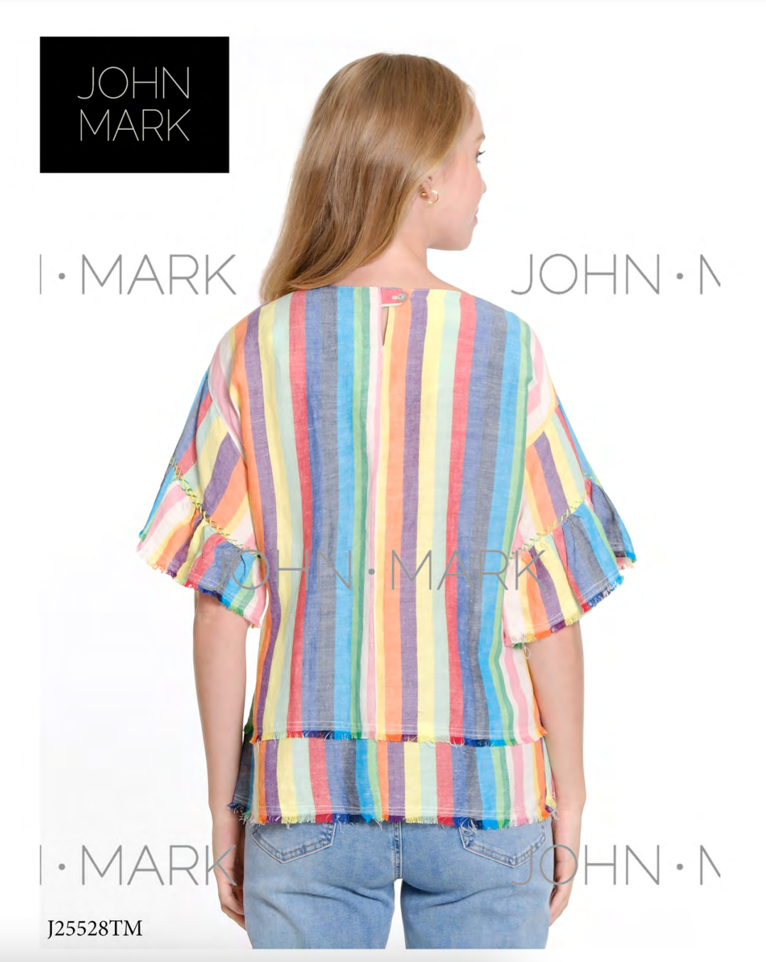 Multi Colored Stripe Top with Flounce Sleeve Blouse