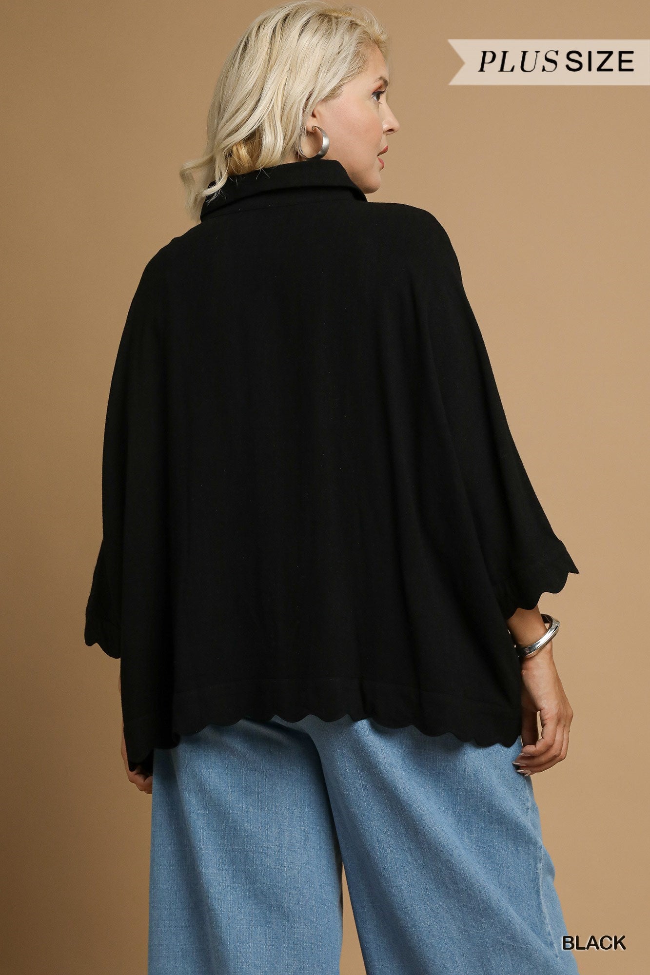 Black Linen Scallop Hem Button-Down Blouse