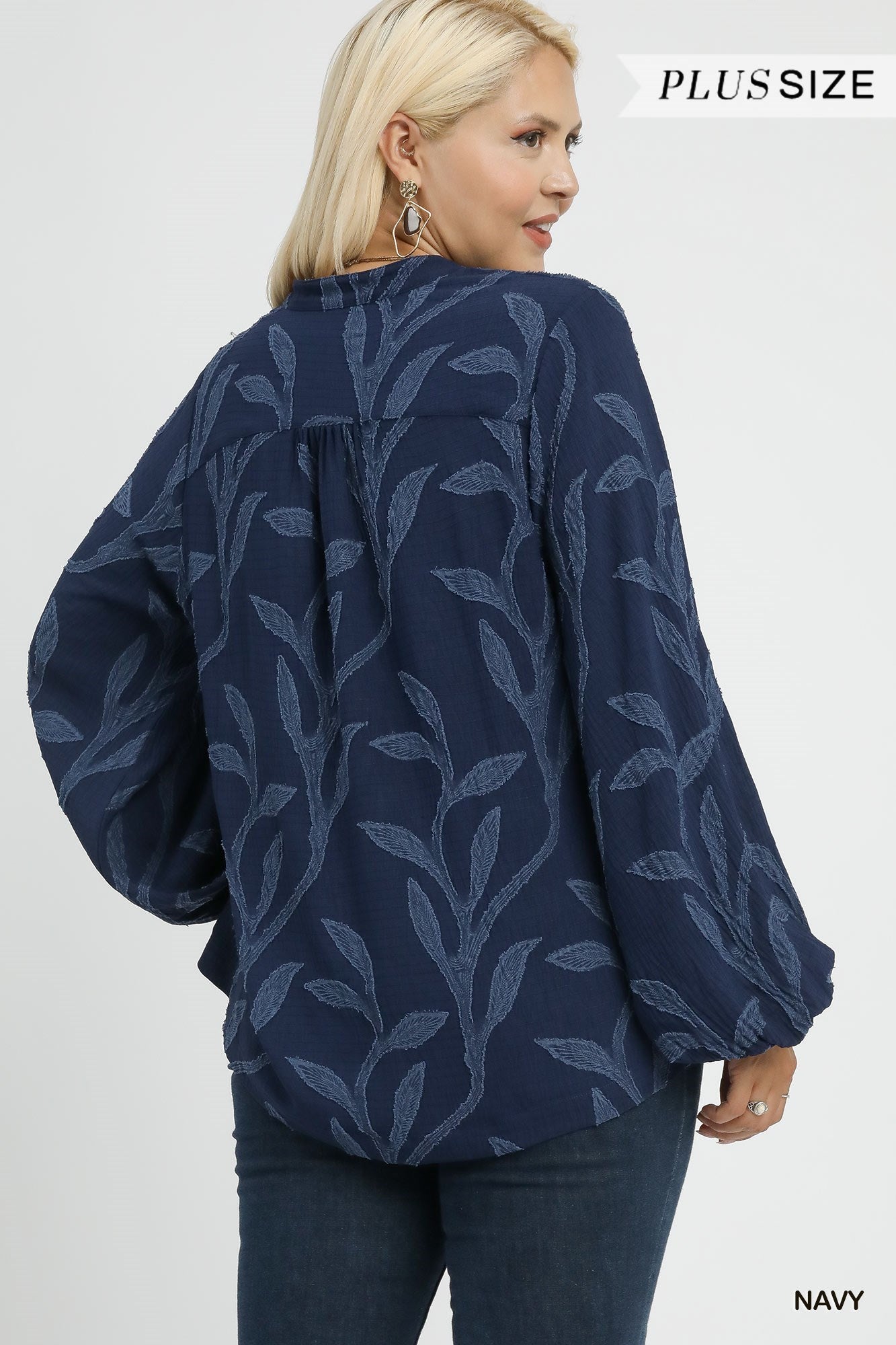 Navy Textured Jacquard V-Neck Top