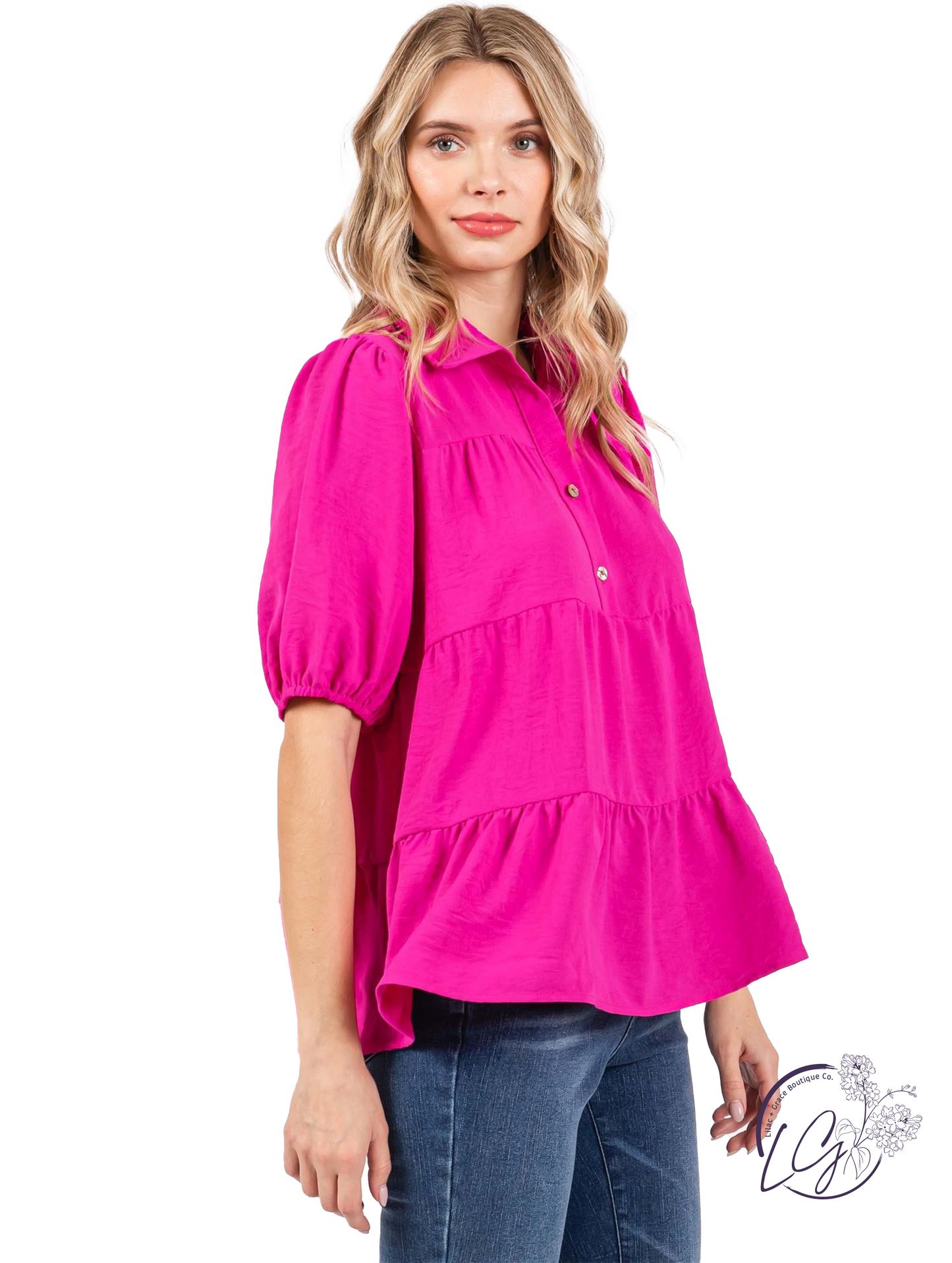 Hot Pink Gather Puff Sleeve Top