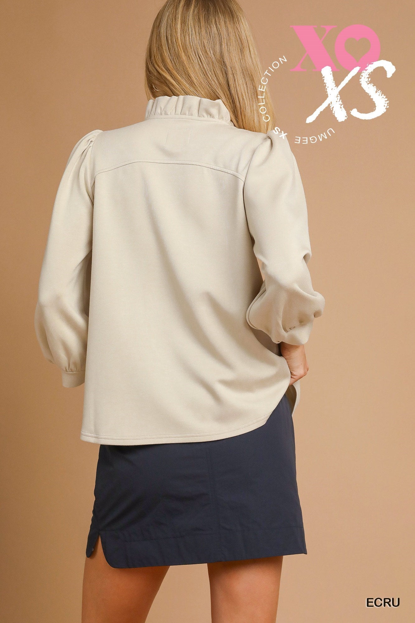 Ecru Luxeknit Ruffle Neck Blouse with Puff Sleeves