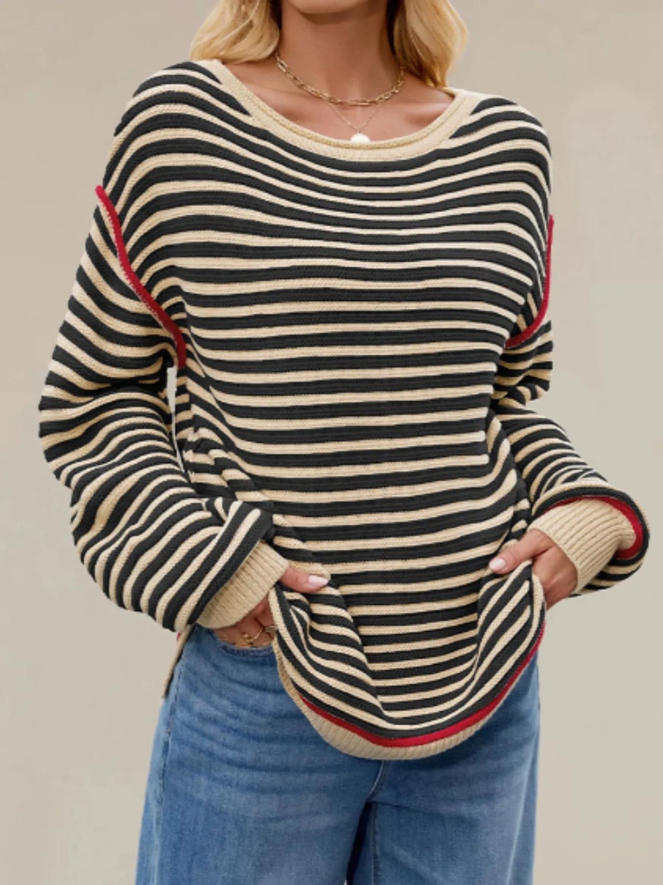 Black and White Stripe Knit Contrast Binding Top