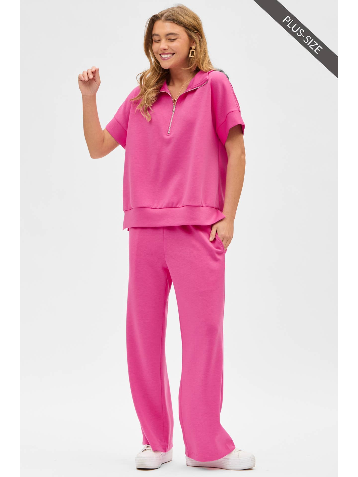 Hot Pink Plus Size Quarter Zip + Pants Modal Set Trvset-Catalinap