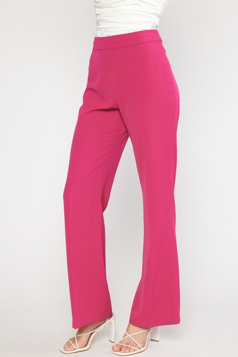 Hot Pink High waisted wide leg pants featuring invisible zipper at side.