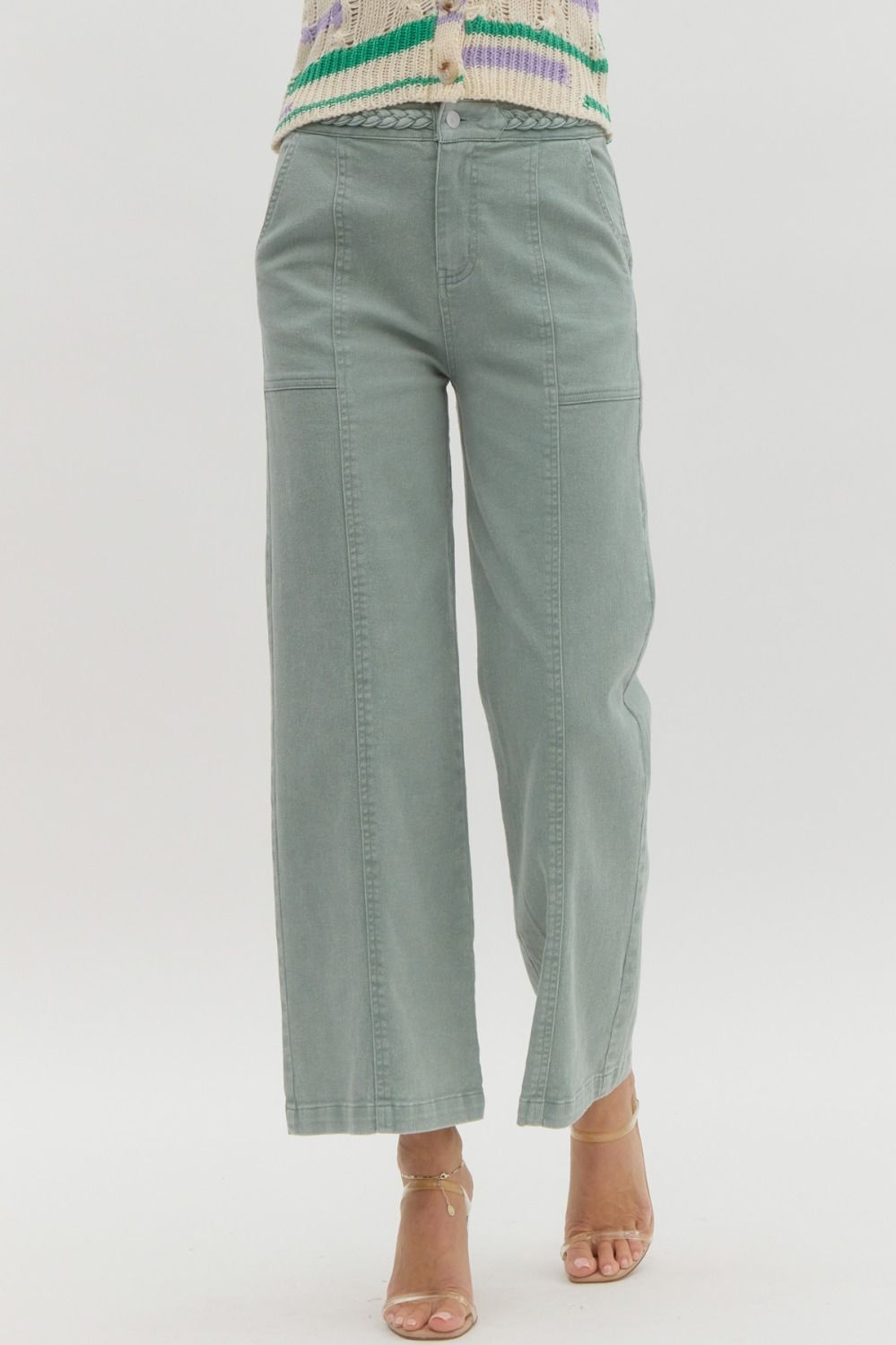 Seafoam Solid high waisted wide leg bottoms featuring braided detail at waist