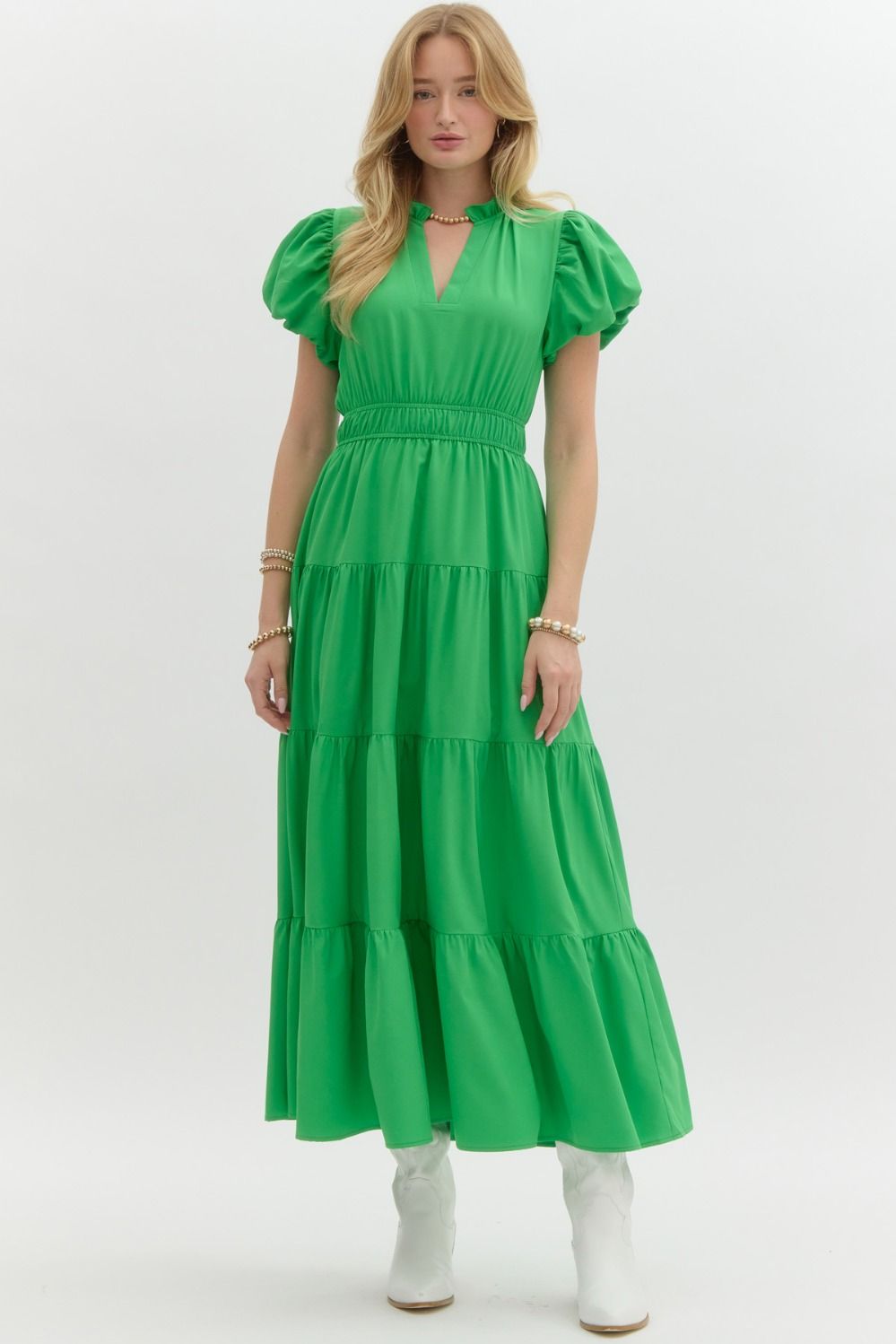 Kelly Green Solid split v-neck under ruffled round neck pullover tiered midi dress