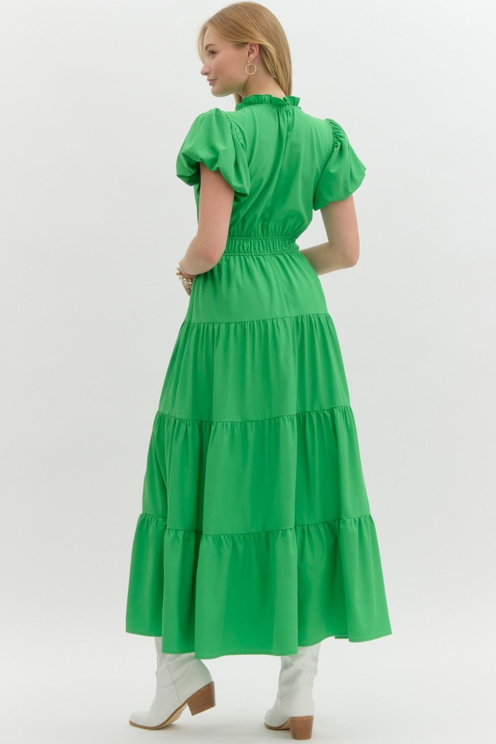 Kelly Green Solid split v-neck under ruffled round neck pullover tiered midi dress