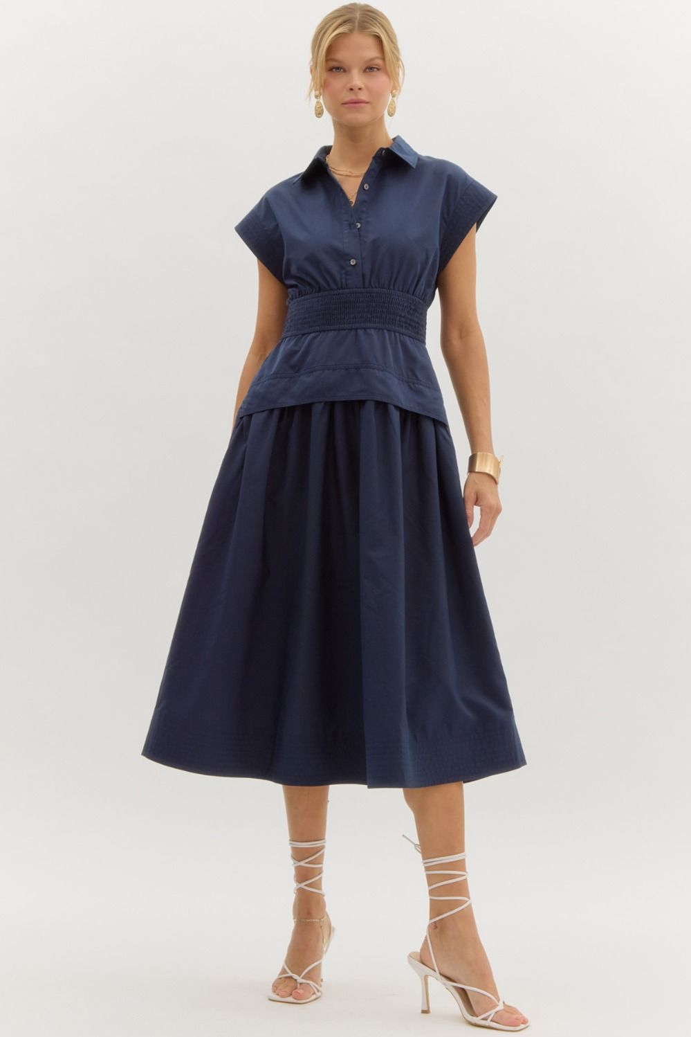 Navy Solid cap sleeve midi dress featuring smocked dress