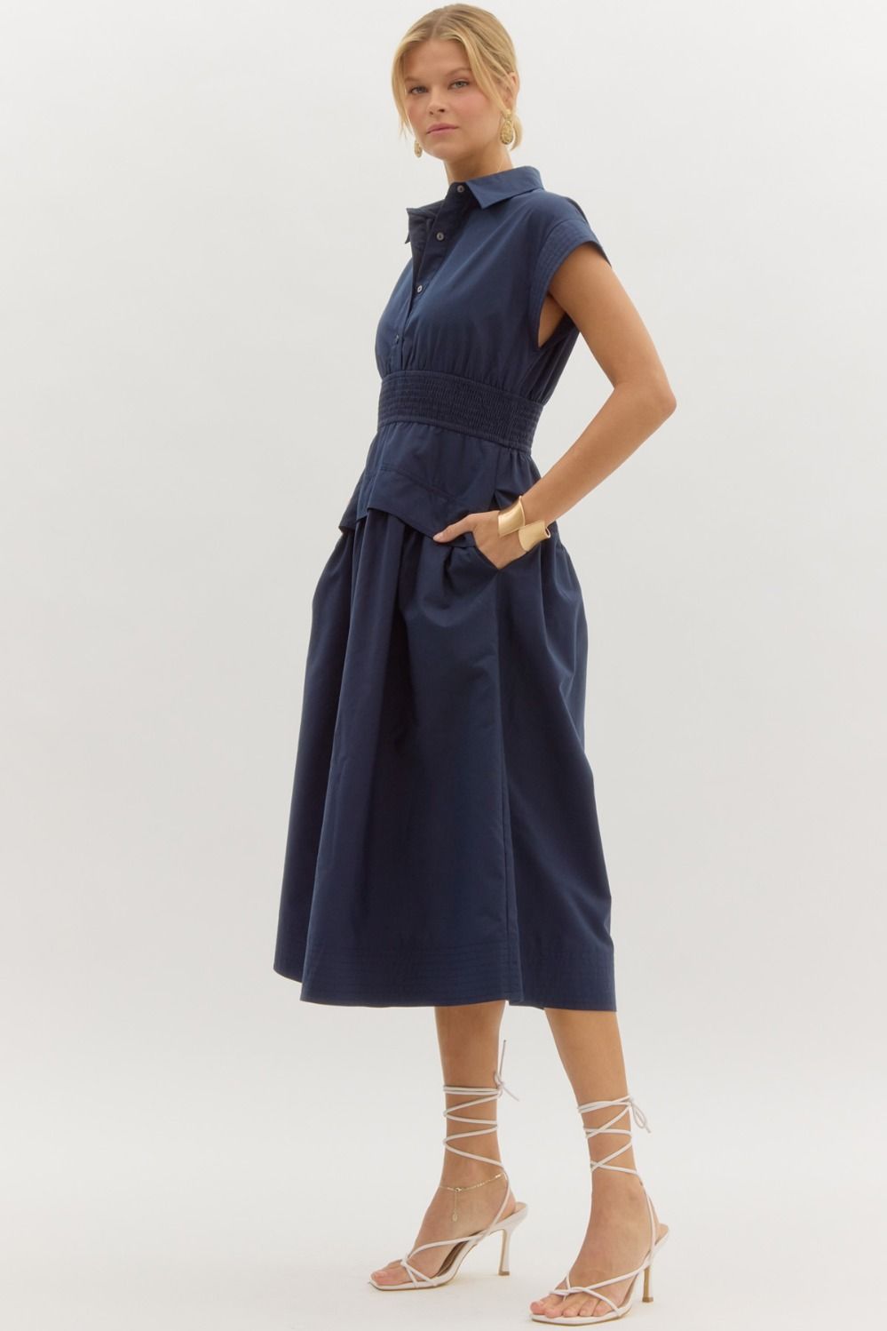Navy Solid cap sleeve midi dress featuring smocked dress