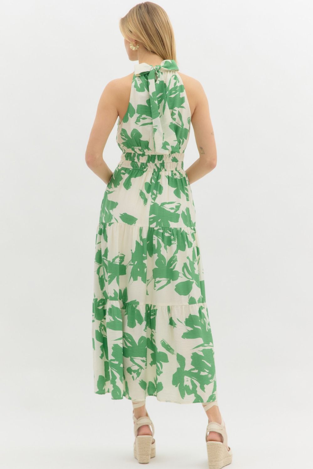Green Floral print halter pullover maxi dress