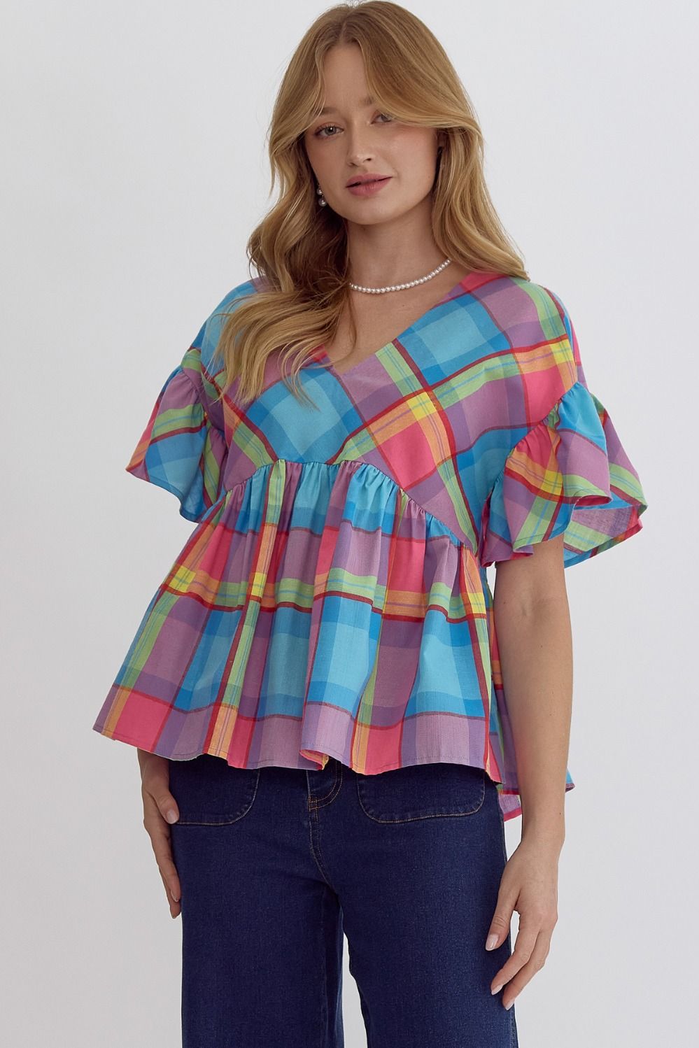 Plaid print v-neck ruffle sleeve babydoll top