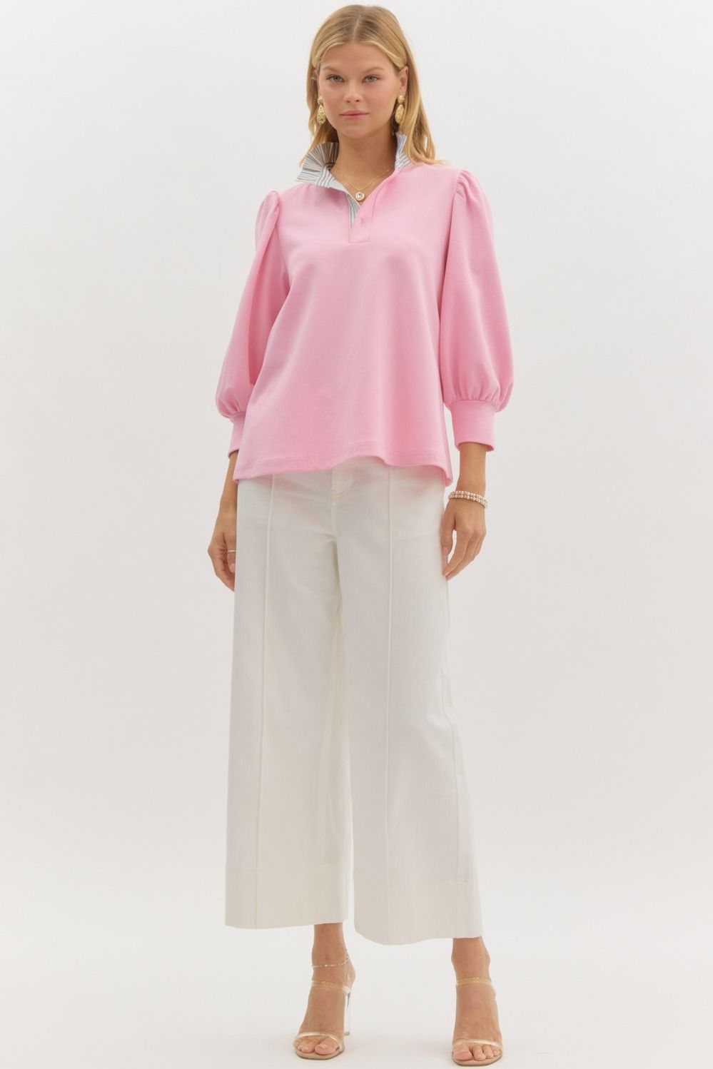 Pink Solid ¾ balloon sleeve popover top featuring contrast ruffle neck