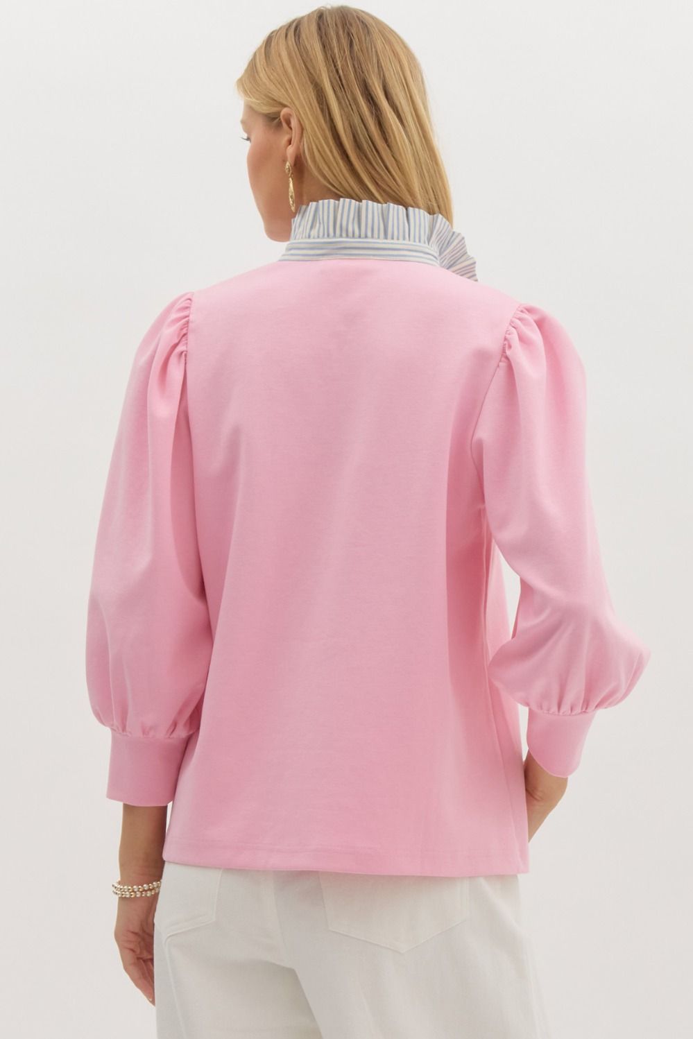 Pink Solid ¾ balloon sleeve popover top featuring contrast ruffle neck