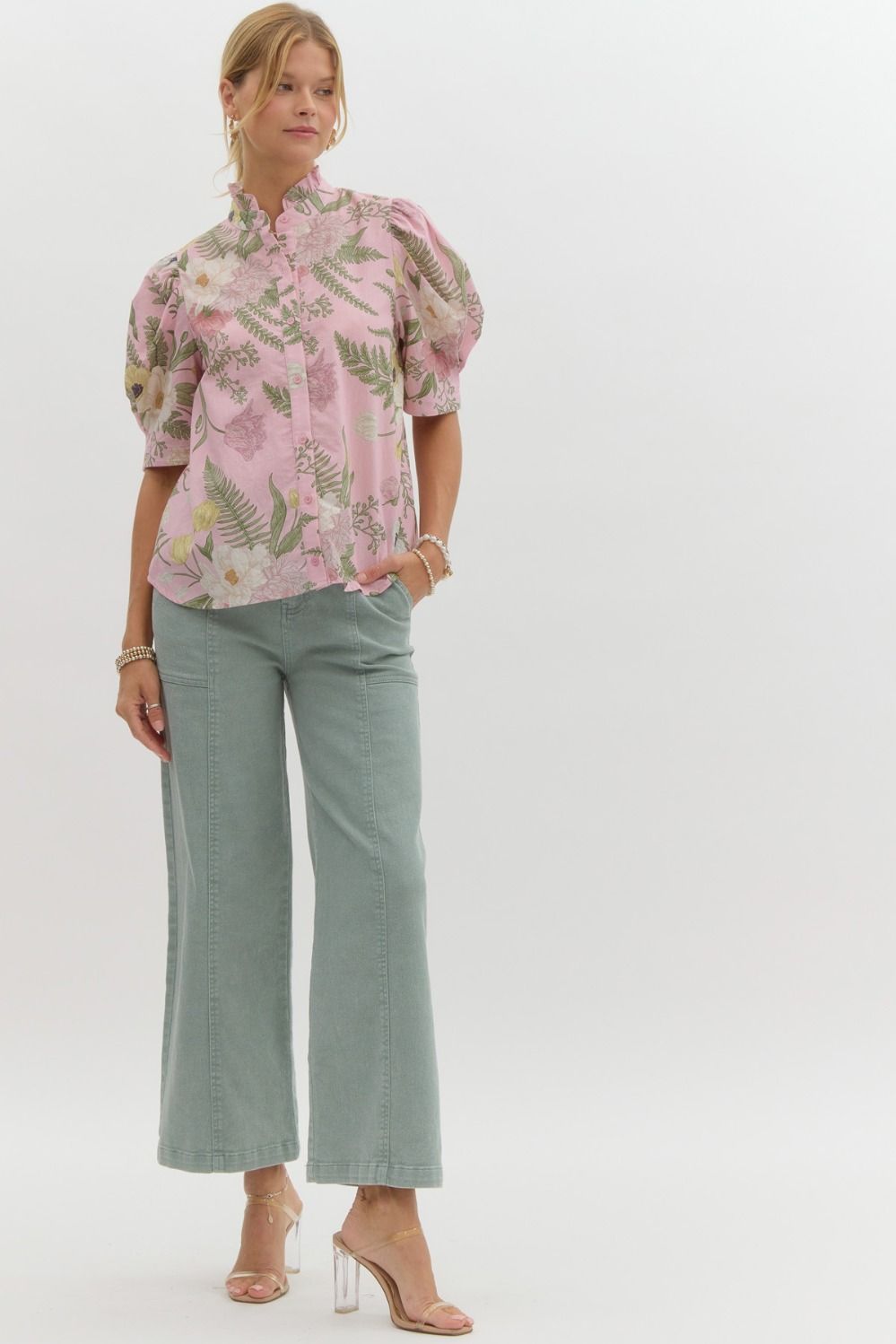 Pink Sage Floral print ruffled neck button top