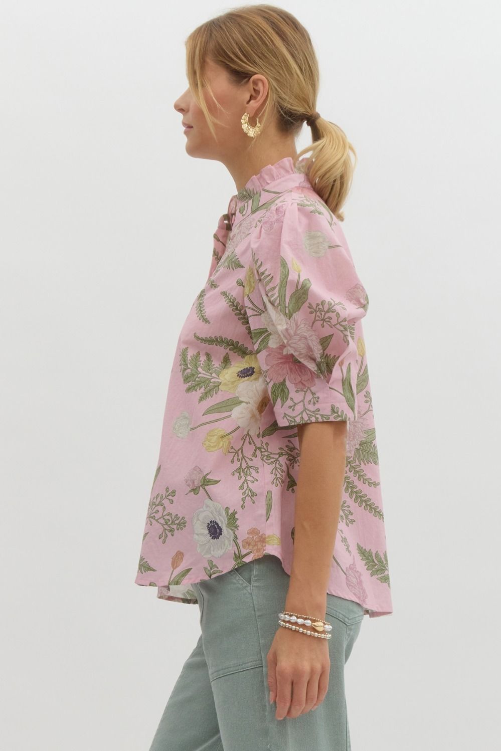 Pink Sage Floral print ruffled neck button top