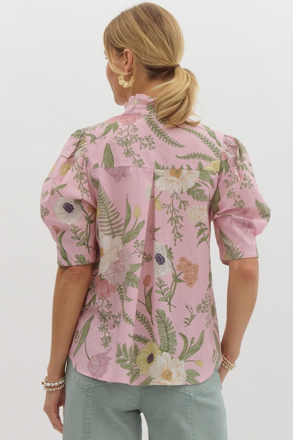 Pink Sage Floral print ruffled neck button top