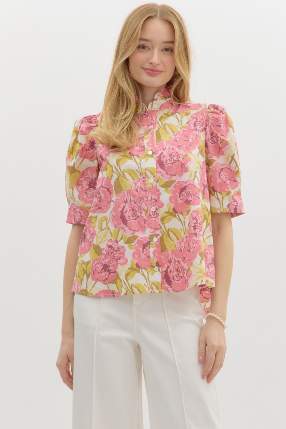 Floral print pleated puff short sleeve top