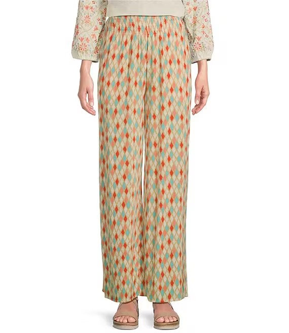 Woven Ikat Print Pull-On Wide-Leg Crepon Pants