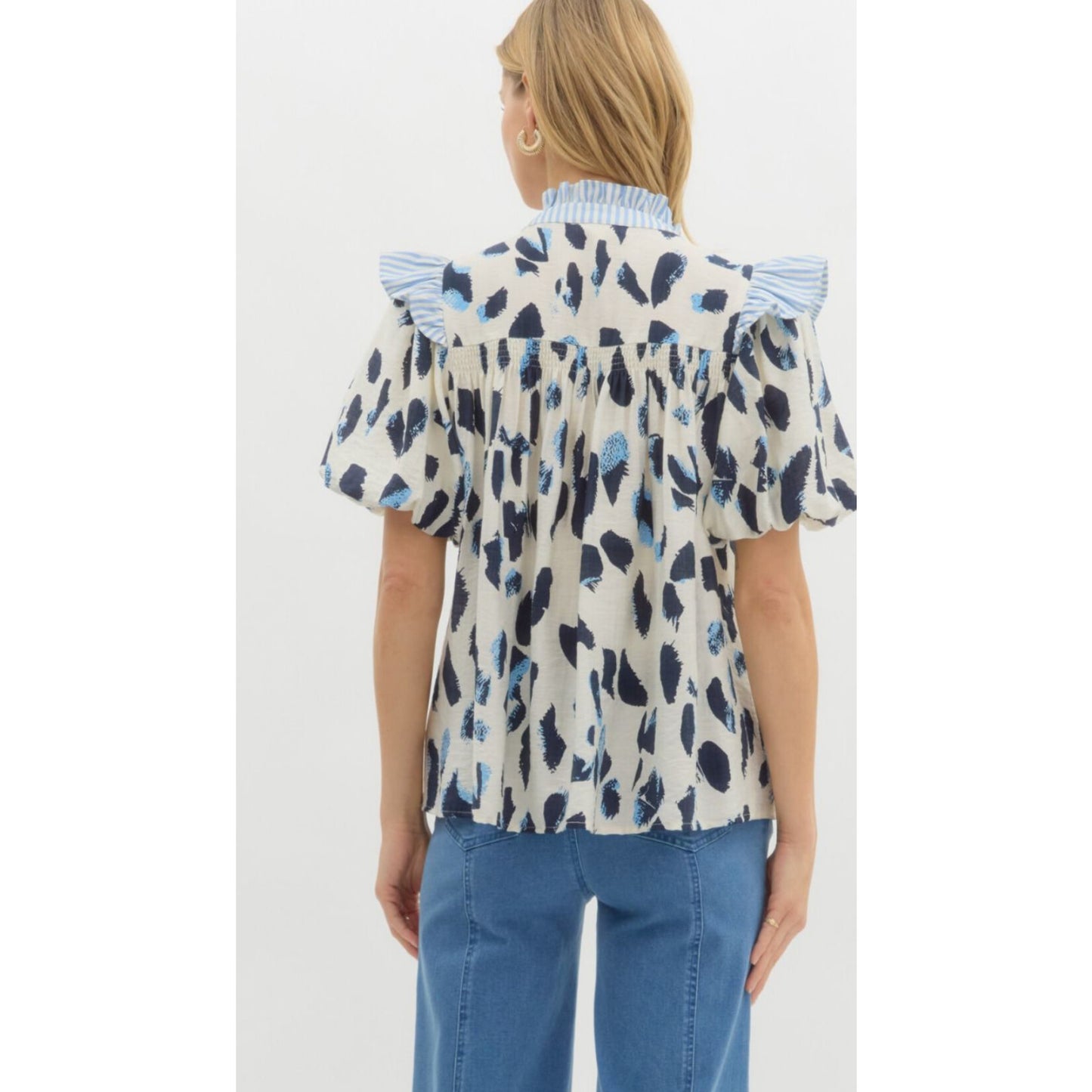 Blue Leopard Flutter Sleeve Blouse