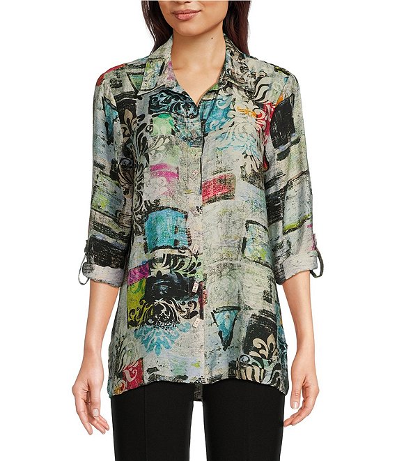 Geomertic Woven Impasto Abstract Print Point Collar 3/4 Roll-Tab Sleeve Hi-Low Hem Button-Front Tunic