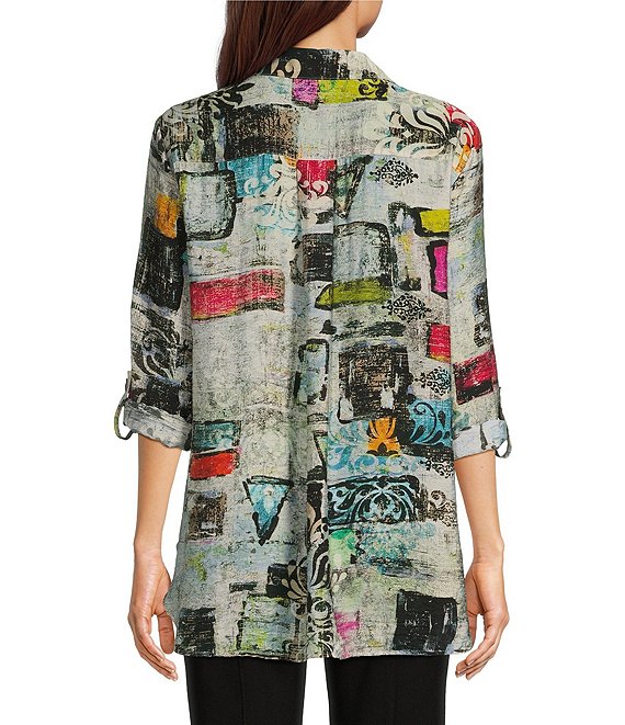 Geomertic Woven Impasto Abstract Print Point Collar 3/4 Roll-Tab Sleeve Hi-Low Hem Button-Front Tunic