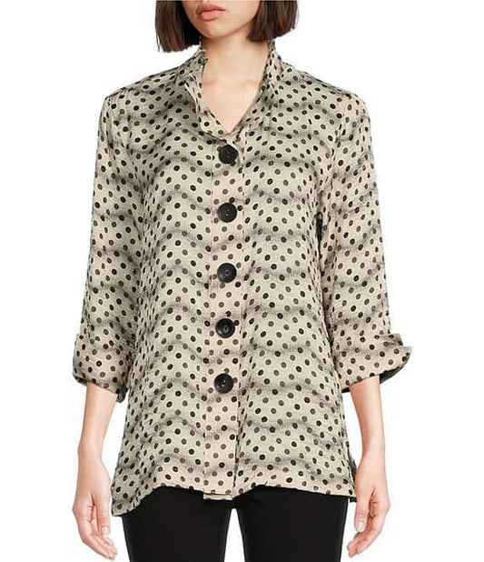Dot Print Shimmer Woven 3/4 Turn Up Cuff Sleeve Button-Front Tunic
