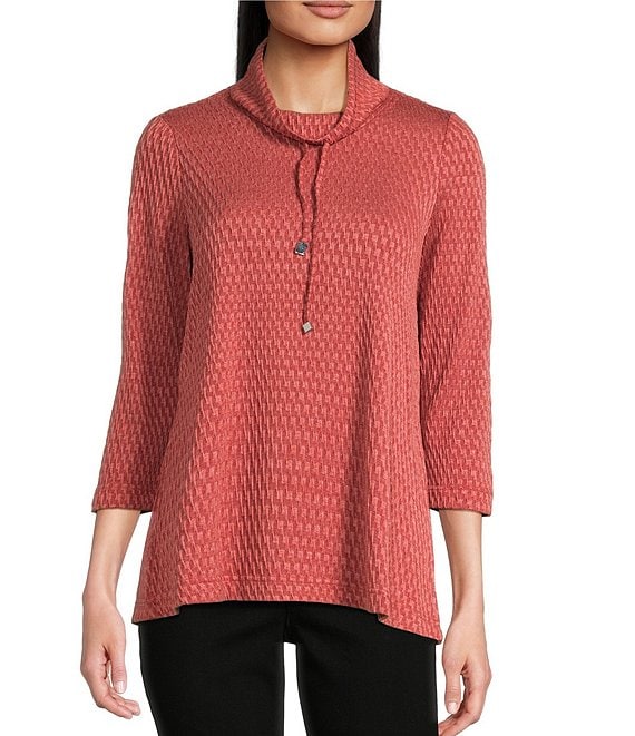 Spice Textured Solid Knit Cowl Neck 3/4 Sleeve Tunic