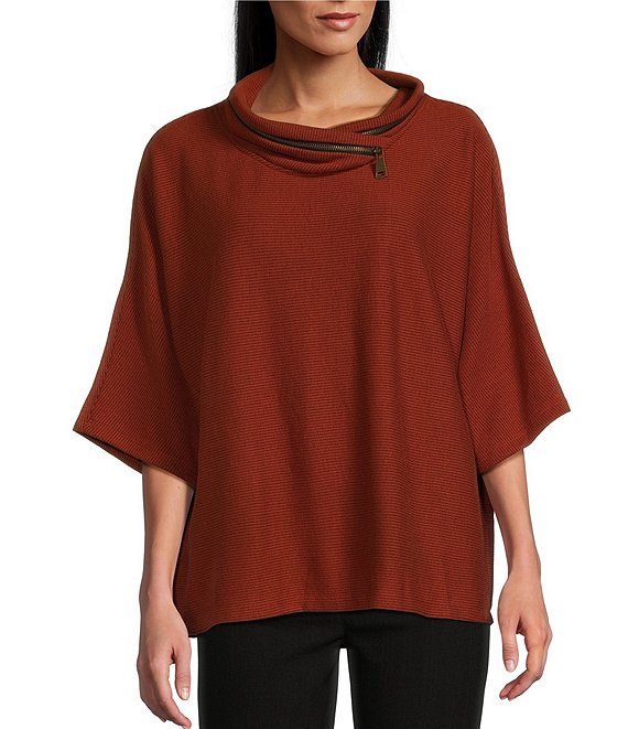 Cinnamon Faux-Zipper Trim Mock Neck 3/4 Dolman Sleeve Hi-Low Hem Sweater Knit Top