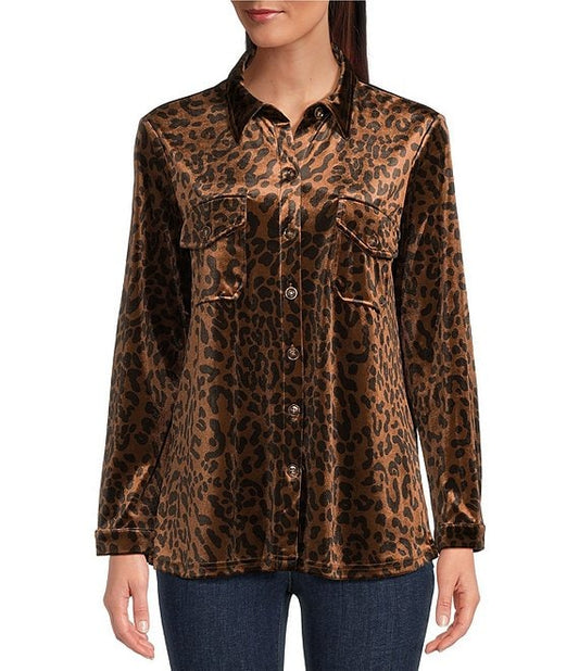Chocolate Animal Print Woven Velvet Point Collar Long Sleeve Curved Hem Button Front Tunic