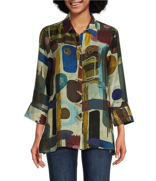 Aubrey Printed Collared 3/4 Sleeve Button Down Top