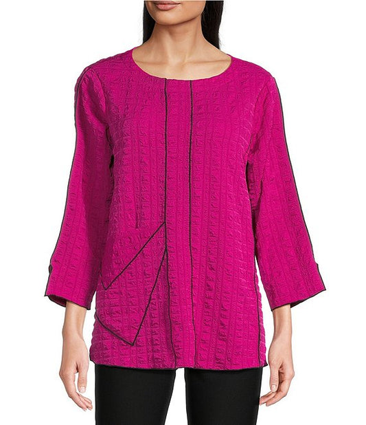 Magenta Textured Woven Scoop Neck 3/4 Sleeve Tunic