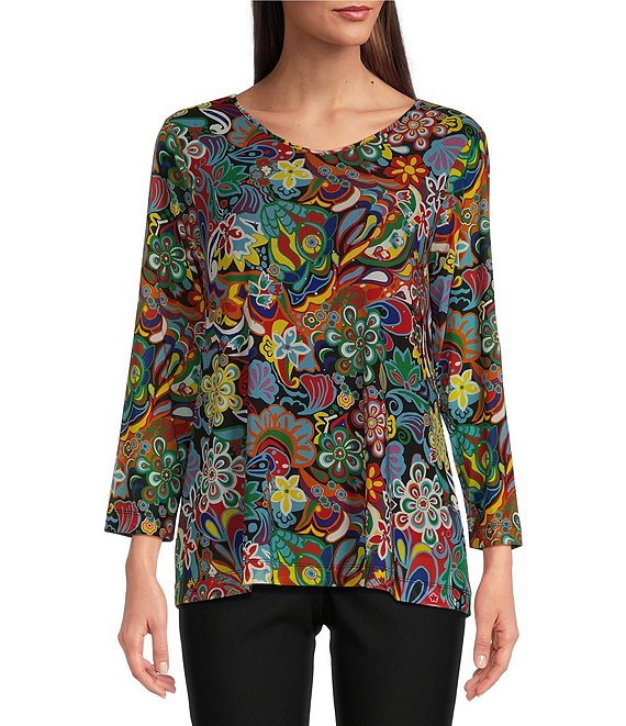 Mesh Retro Floral Print Scoop Neck Long Sleeve Pullover Top