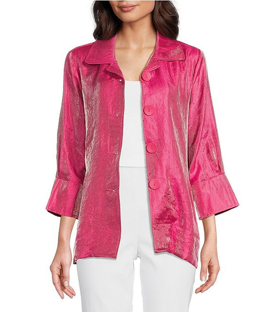 Bright Pink Shimmer Woven Round Collar 3/4 Sleeve Button-Front Jacket