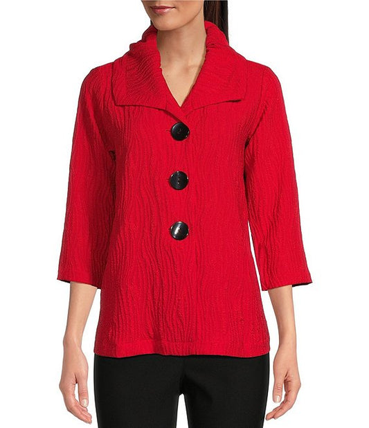 Ruby Red Jacquard Knit Collar 3/4 Sleeve Button-Front Jacket